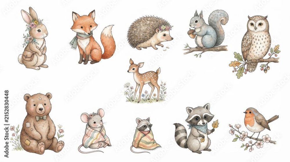 Fototapeta premium Cute Woodland Animals Watercolor Illustration Set: Fox, Rabbit, Bear, Owl, Squirrel, Deer, Robin