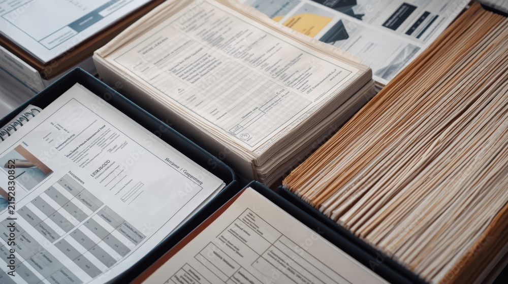 Obraz premium Stack of professional CVs and business documents in a filing box for recruitment and organization