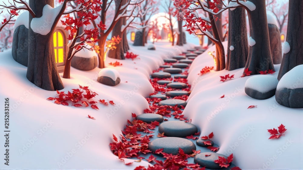 Fototapeta premium Snowy path winds through trees. Warm light emanates from windows, creating cozy winter scene. Red leaves contrast white landscape.