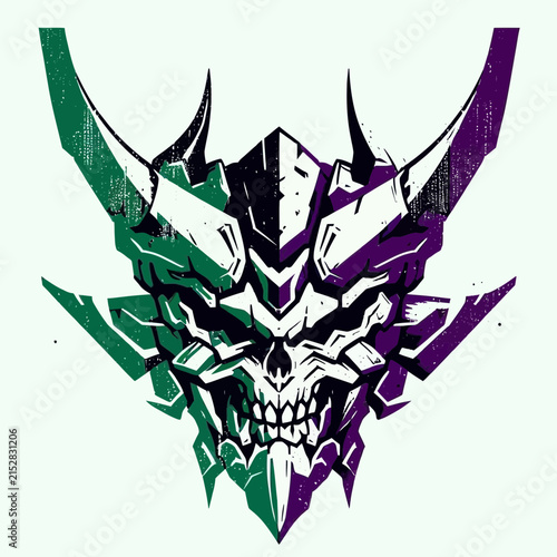 Stylized graphic illustration of a menacing mecha skull mask with horns, featuring a split green and purple color scheme and a distressed texture.