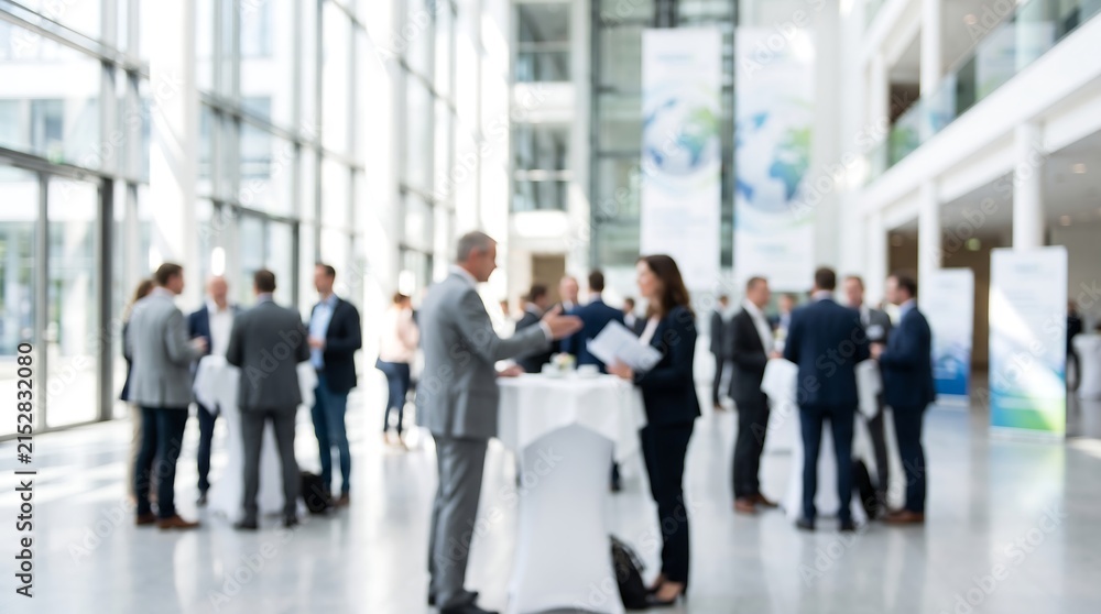 Fototapeta premium Blurred business professionals networking at corporate event held in modern bright atrium office lobby with glass walls and large banners hanging from the ceiling during break