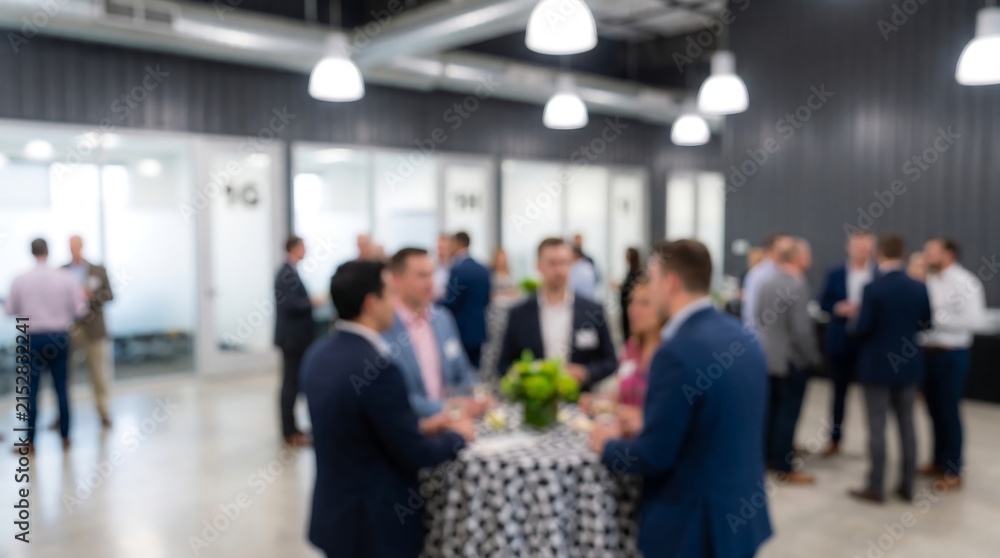 Fototapeta premium Blurred group of business professionals networking in modern industrial office space with glass partitions and bright lighting during corporate mixer event with round tables