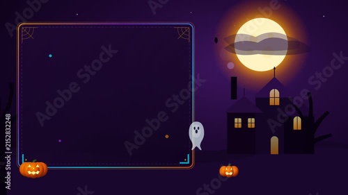 Halloween spooky frame background with pumpkins haunted house and ghost for seasonal party invitation video