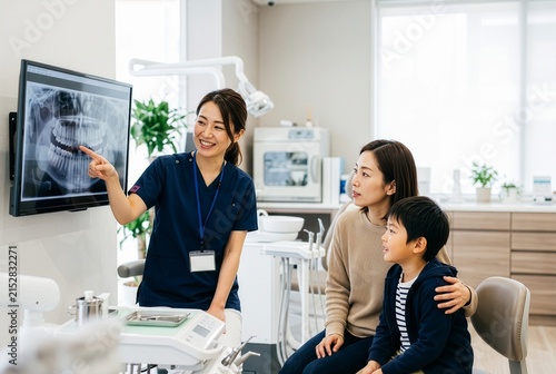 Japanese Dentist Explaining Dental Examination Results to Family