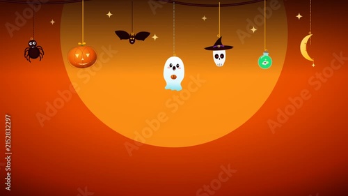 Halloween background with cute hanging ornaments featuring ghost spider bat skull pumpkin and orange gradient