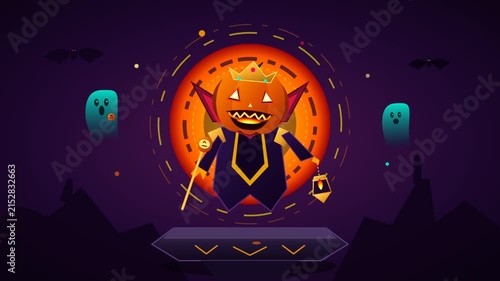 Halloween pumpkin king character illustration with spooky ghosts and bats on dark vector background design