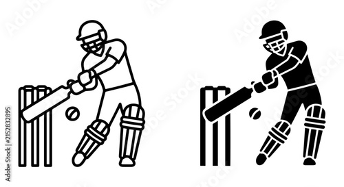 Cricket Player Silhouette and Outline Icons, Sports Action Vector Graphics, Batting Game Elements
