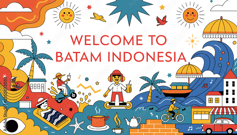 Naklejka premium Welcome to Batam Indonesia Tropical Travel Art - Vibrant Illustration with Beach and City Elements