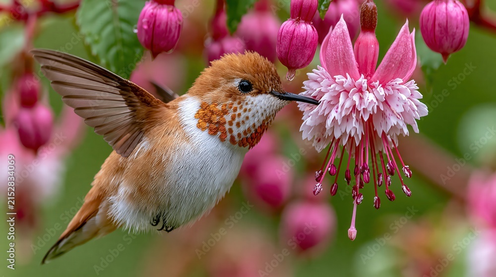 Fototapeta premium A rufous hummingbird sips nectar from a blooming fuchsia flower.