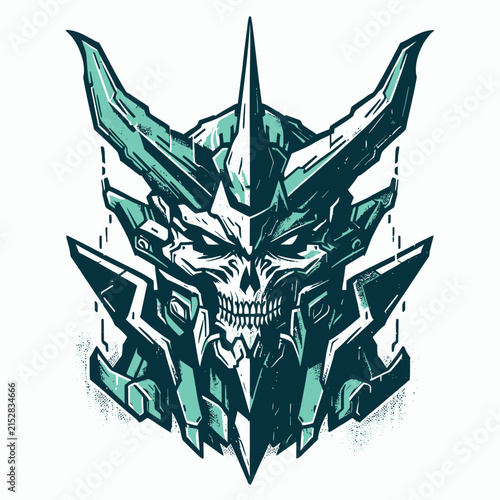 A detailed illustration of a menacing robotic skull with sharp horns and intricate mechanical armor.