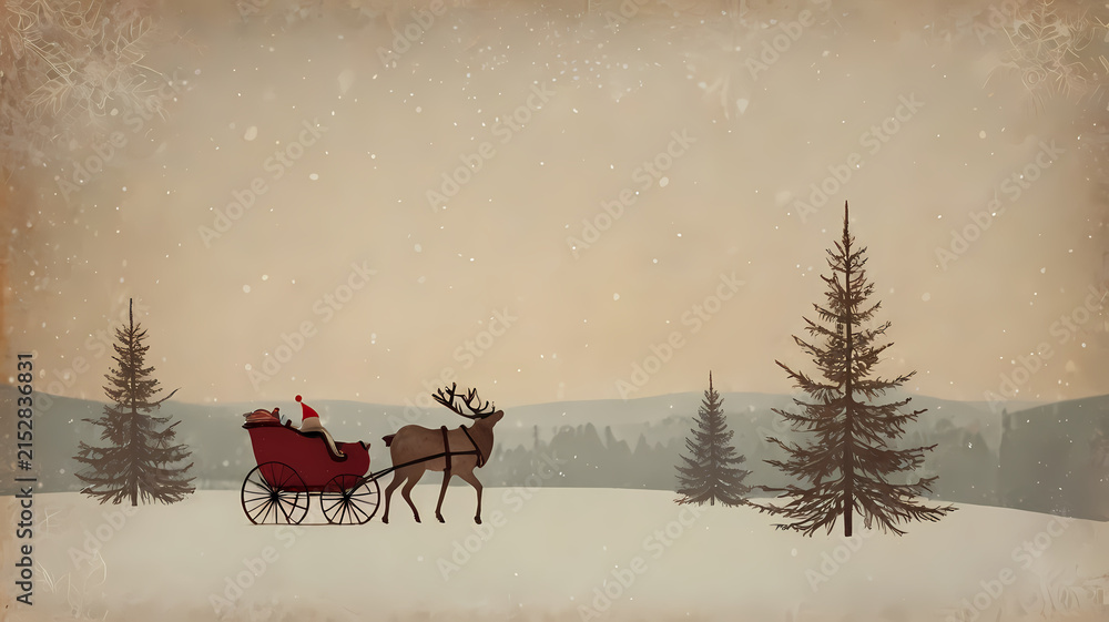 Fototapeta premium Vintage Christmas Sleigh and Reindeer in Snowy Winter Landscape