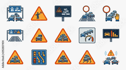 Industrial of Traffic Warning and Road Construction Signs with Vehicles and Alert Symbols in Orange Blue and Gray