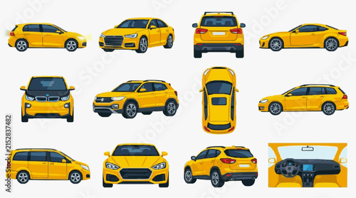 Industrial of Various Bright Yellow Cars from Multiple Angles and Views with high quality professional line art symbols for modern creative design and digital branding projects