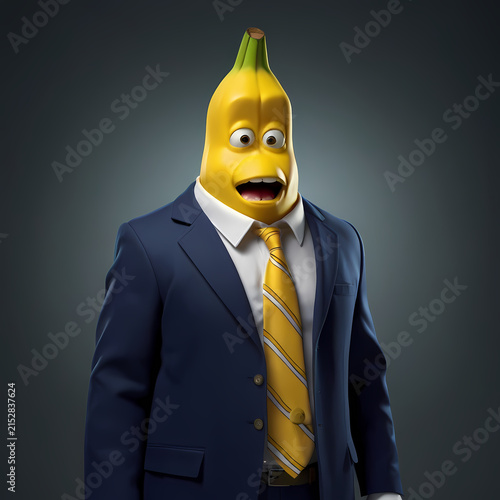 Funny anthropomorphic banana businessman in blue suit with surprised expression
