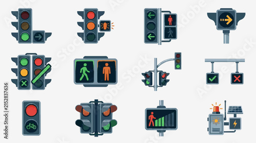 Industrial of Various Traffic Light Systems with Pedestrian Bike and Smart Signal Features with high quality professional line art symbols for modern creative design and digital branding projects
