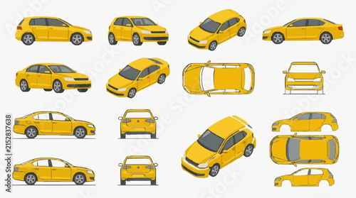 Industrial of Various Yellow Car Designs and Exploded Views for Manufacturing or Educational Use