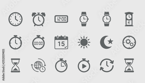 Complete set of eighteen grey time and clock icons featuring alarm clock digital stopwatch hourglass calendar.