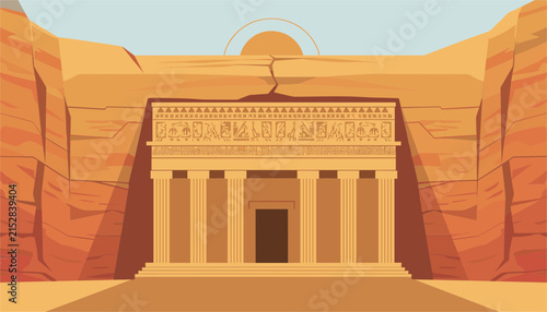 Majestic ancient temple carved into canyon stone cliffs resembling famous ruins of Petra or Egypt under bright sun.