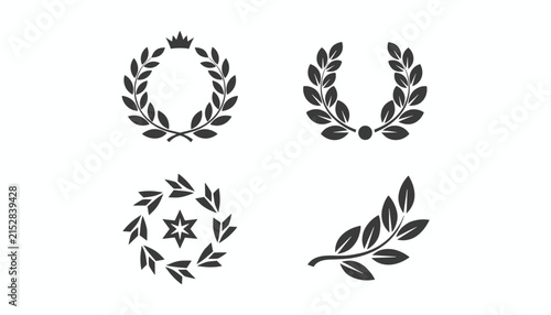 Classic black laurel wreaths and olive branch icons symbolizing victory triumph honor and award accomplishments.