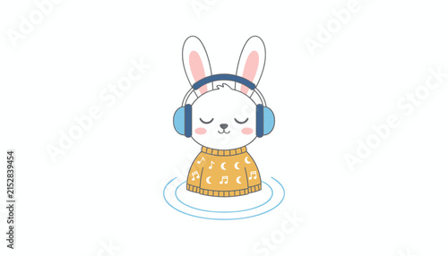 Adorable little white bunny rabbit wearing a cozy yellow sweater and headphones listening to music with closed eyes.