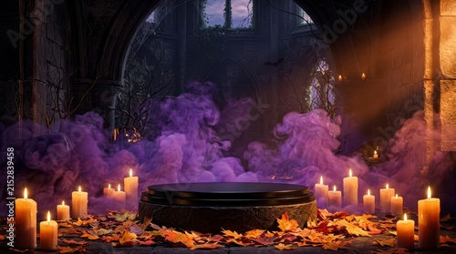 Mysterious Atmosphere with Lit Candles and Purple Smoke in an Abandoned Ruin