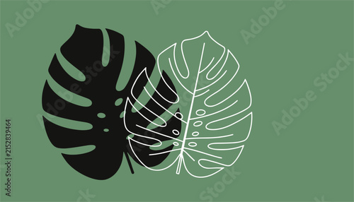 Two exotic monstera deliciosa leaves in contrasting solid black silhouette and white line art on green background.