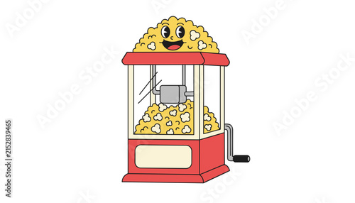 Retro style cartoon popcorn machine character filled with delicious yellow popcorn smiling with funny face expression.