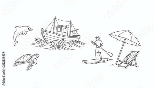 Collection of hand drawn beach and ocean doodles including a sailboat, dolphin, sea turtle, paddleboarder, and beach chair.