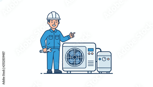 Friendly professional air conditioner technician wearing a hard hat and holding a wrench beside an outdoor ac unit.