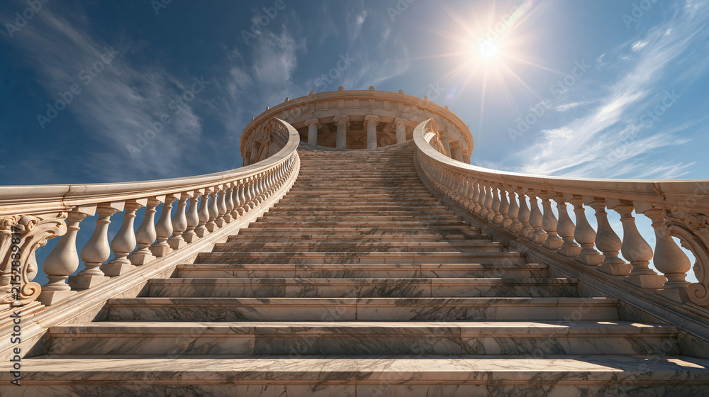 Obraz premium Grand Staircase to the Heavens: An ornate marble staircase with grand balustrades leads upwards towards a majestic domed structure bathed in the radiant sunlight and against a dramatic sky.