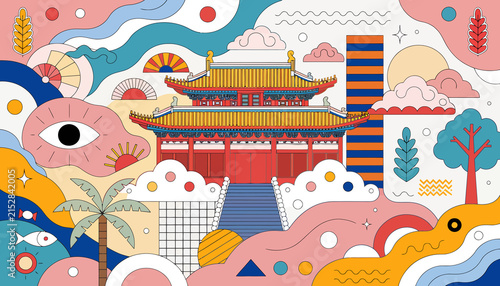 Vibrant Oriental Temple Art: Asian Architecture, Culture, and Nature Elements - Colorful Illustration