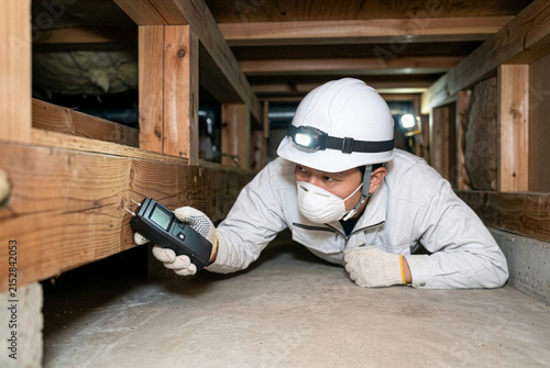ホームインスペクターが住宅の床下で含水率計を使い木材の含水率を確認する住宅点検風景