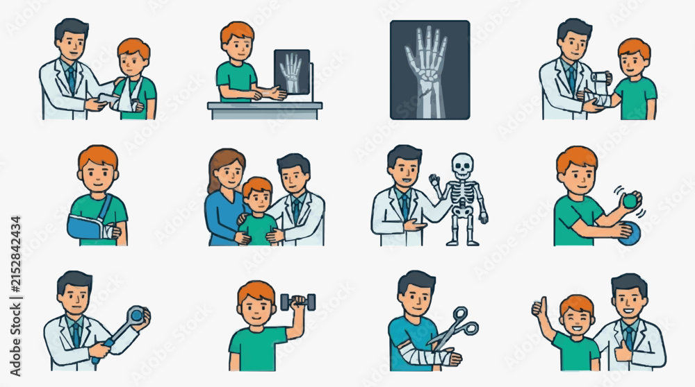 Fototapeta premium Industrial Set Pediatric Orthopedic and Medical Consultation Scenarios with Doctors Kids and Medical Tools