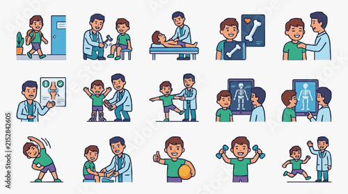 Industrial Set Showing Pediatric Orthopedic Care Process with Doctor and Child in Green Shirts with high quality professional line art symbols for modern creative design and digital branding projects
