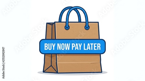 Brown paper shopping bag featuring blue handles and bold buy now pay later text banner illustration