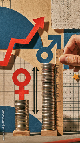 Gender Pay Gap and Inequality: Visualizing the disparity in earnings between genders with stacked coins, an upward trending arrow, and symbolic representations of male and female.