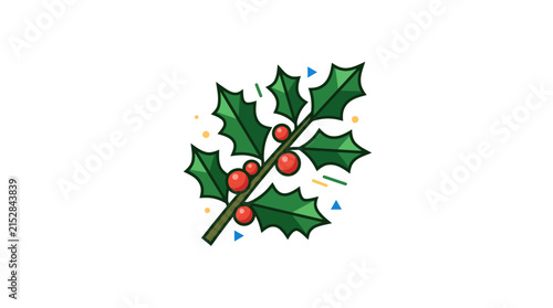 A festive illustration of a green holly branch with bright red berries