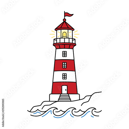 A simple vector illustration of a red and white striped lighthouse on a rocky shore