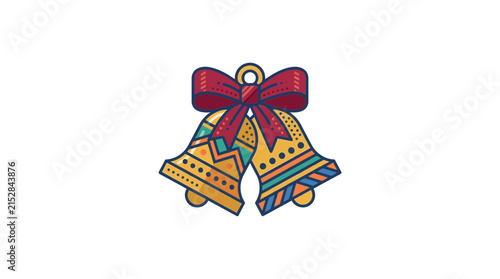 Two decorative golden bells tied together with a festive red ribbon