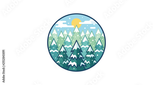A circular illustration featuring a stylized winter forest scene with snow-covered evergreen trees