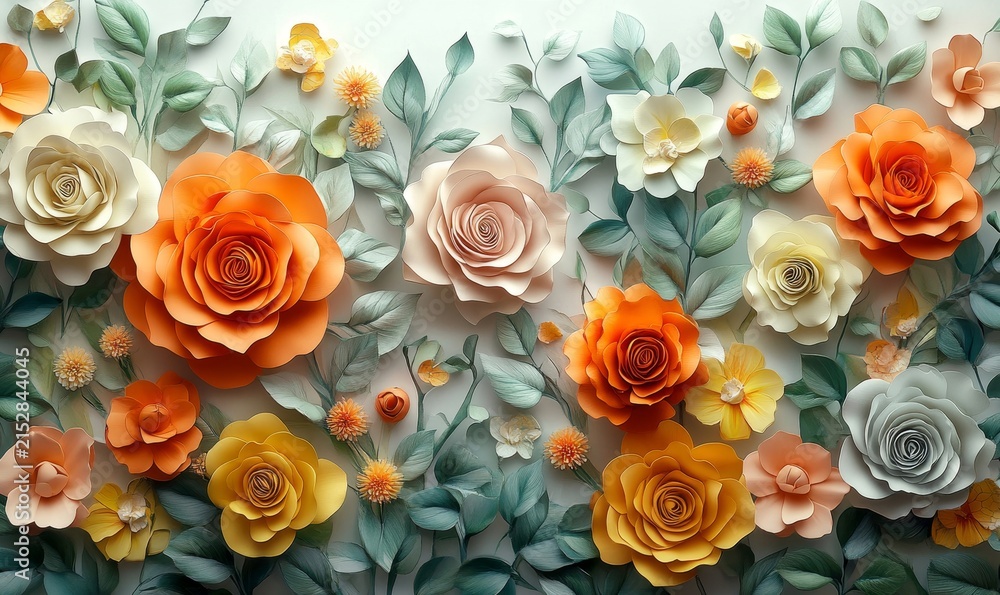 Fototapeta premium Beautiful handmade paper flower arrangement with orange, yellow and green floral craft elements