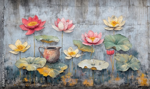 Beautiful water lilies and a ceramic pitcher painted on a textured rustic grey concrete wall