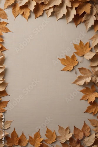 Rectangular frame of dried autumn leaves in shades of brown, tan, and golden yellow arranged around beige textured background, creating seasonal border with empty center.