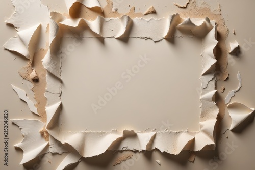 Torn beige paper with curled jagged edges reveals a smooth center, contrasting rough texture and clean surface in a minimalist abstract composition that highlights depth and subtle elegance.