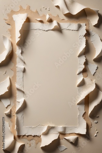 Torn beige paper with curled edges frames a smooth center, contrasting rough texture and clean surface in a minimalist abstract composition that highlights imperfection, depth, and subtle elegance.