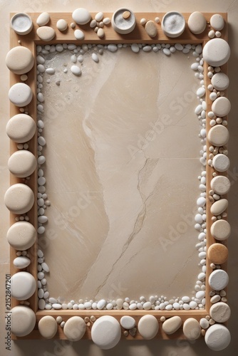 Elegant wooden frame adorned with smooth natural stones in soft beige and cream tones, surrounding a polished stone surface with subtle veining, creating a calm organic decorative accent.