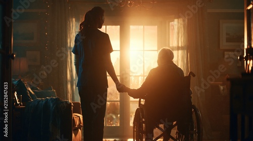 Caregiver holds hand of elderly man in wheelchair near window with sunset light.