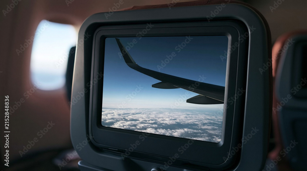 Naklejka premium Airplane Window View: View of clouds and sky from an airplane window with wing and screen display in foreground, capturing the essence of air travel and the freedom of flight.
