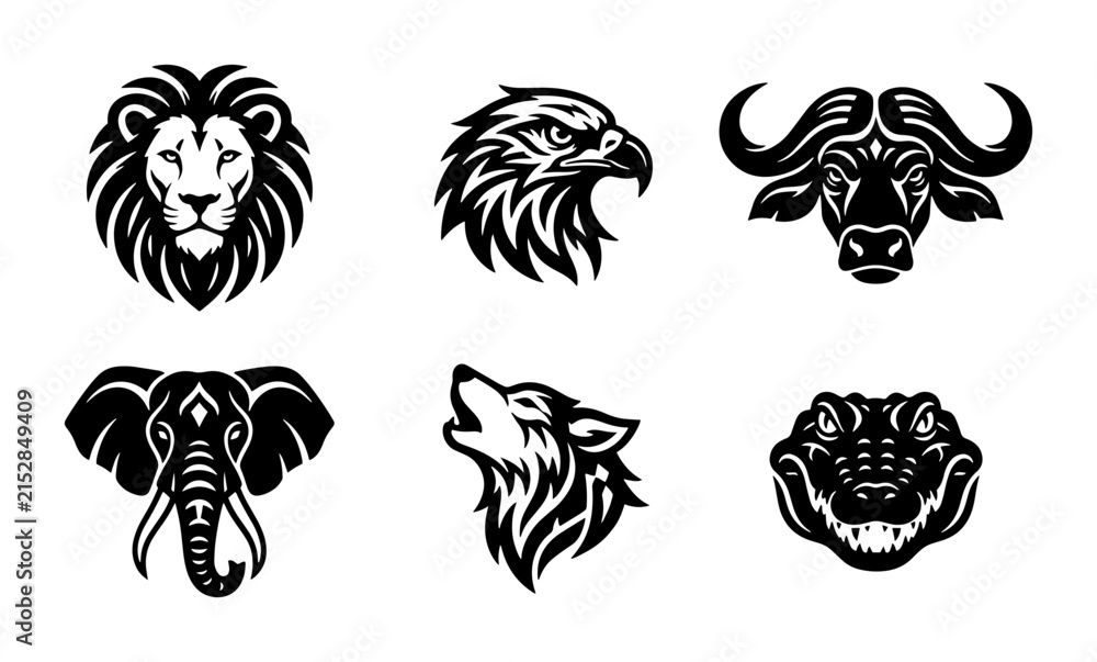 Obraz premium 70 Wild Animal Head Icons Set, Majestic Lion, Fierce Eagle, Powerful Buffalo, Elephant, Howling Wolf, Alligator Vector Graphics, Bold Black and White Silhouettes for Branding and Design 100