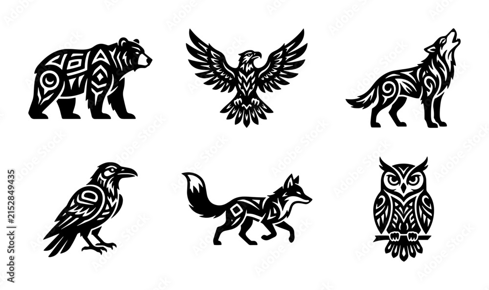 Obraz premium 70 Indigenous Animal Vector Icons, Tribal Art Style, Native American Wildlife Graphics, Black and White Forest Creatures Set 100